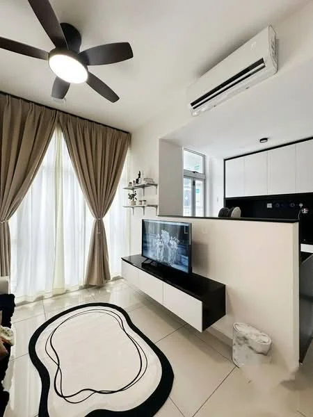 Living features: 5-blade ceiling fan with light, floor-to-ceiling windows, sheer curtains, white walls, polished tile flooring, wall-mounted TV, black TV console, decorative area rug with abstract pattern, air conditioning unit, open layout to kitchen, shelving unit on wall; style: modern.