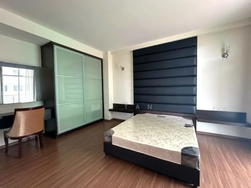 Bedroom features: queen-size bed base without mattress, wooden flooring, black accent wall with vertical panels, built-in wardrobe with sliding glass doors, wall-mounted shelf, desk with chair, wall sconces, large window with natural light; style: modern.