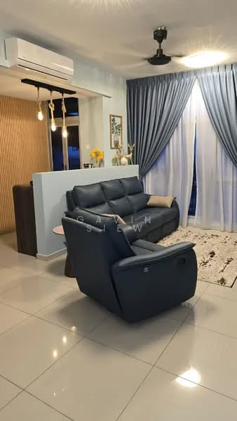 Living features: 3-seater leather sofa in dark blue, recliner chair, coffee table, area rug with geometric pattern, floor-to-ceiling windows with sheer curtains, wall-mounted split AC, pendant lighting, light grey painted walls, tile flooring, decorative wall paneling, ceiling fan with light; style: modern.