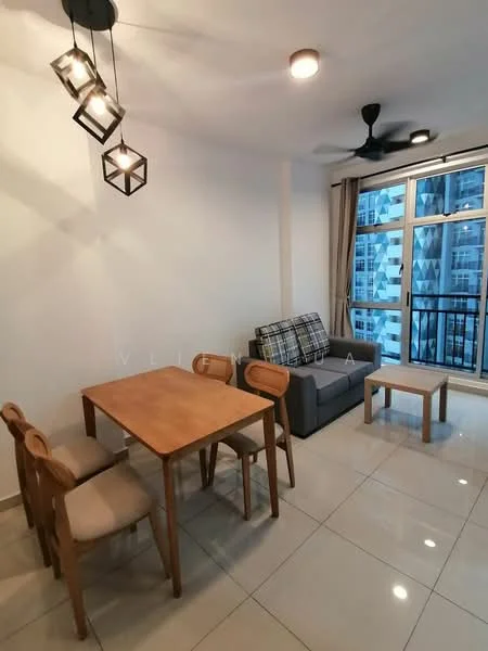 Living features: 3-seater fabric sofa in grey, wooden dining table, 4 dining chairs with upholstered seats, pendant light fixture with geometric design, ceiling fan, floor-to-ceiling windows, curtains, glossy tile flooring, decorative wall with patterned design; style: modern; view: city.