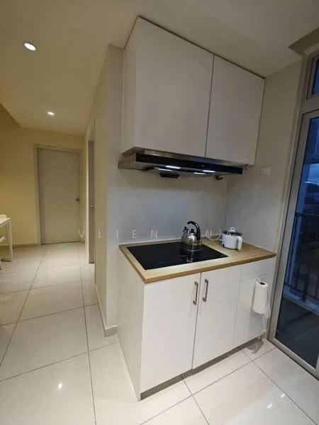 Kitchen features: white cabinetry, wood countertop, black single-bowl stainless-steel sink, chrome pull-down faucet, built-in range hood, ceramic tile flooring, recessed downlights, sliding glass door, window with city view; style: modern; view: city.