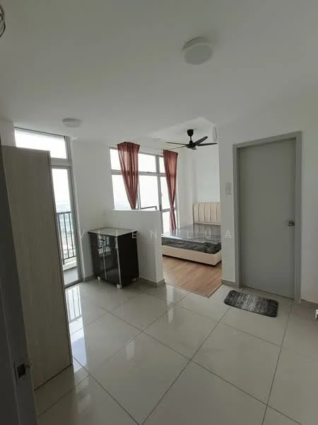 Room features: white painted walls, light-colored laminate flooring, floor-to-ceiling windows, sheer curtains, 5-blade ceiling fan, recessed ceiling lights, small cabinet, gray upholstered bed, area rug, doorway leading to another room; style: modern; view: city.