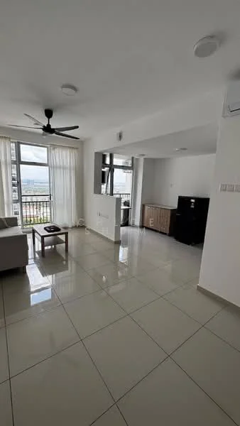 Living features: large floor-to-ceiling windows, white walls, light-colored tiled flooring, 5-blade ceiling fan, sofa, coffee table, TV console, black fridge, open layout, natural light, curtains, wall-mounted air conditioning unit; style: modern; view: city.