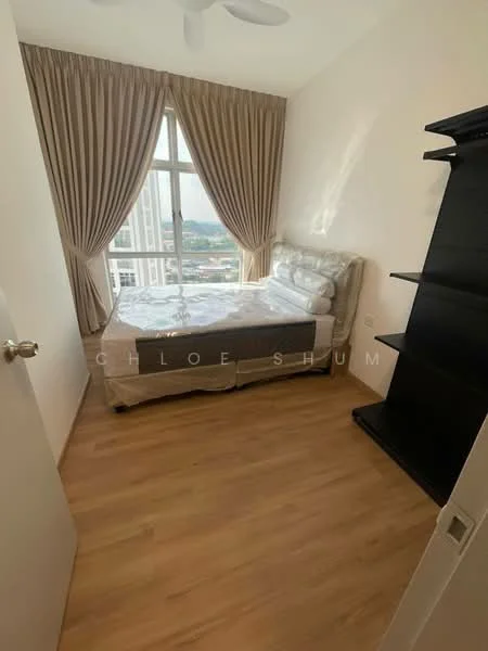 Bedroom features: queen-size bed, upholstered headboard, floor-to-ceiling windows, sheer curtains, wooden flooring, ceiling fan, black bookshelf, decorative wall, city view; style: modern; view: city.