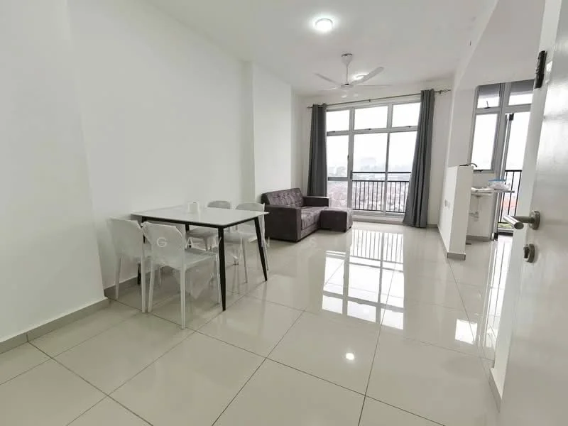 Living features: white painted walls, glossy ceramic tile flooring, 5-blade ceiling fan with light, floor-to-ceiling windows, grey fabric sofa, glass dining table, 4 transparent plastic dining chairs, curtains, balcony access, city view; style: modern; view: city.