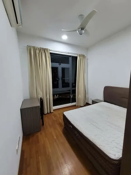 Bedroom features: wooden flooring, white painted walls, ceiling fan, floor-to-ceiling window, sheer curtains, double bed with mattress, nightstand, desk chair; style: modern.