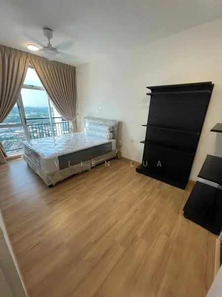 Bedroom features: queen-size bed with mattress, wooden flooring, floor-to-ceiling windows, curtains, ceiling fan, black shelving unit, light-colored walls, nightstand; style: modern; view: city.