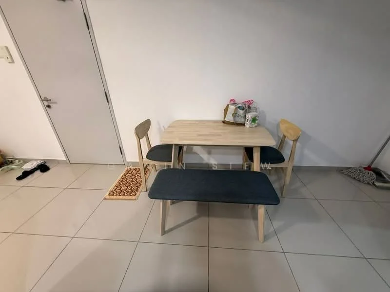 Dining features: wooden dining table, 4 dining chairs, light wood chair legs, blue upholstered seat cushions, cream walls, tile flooring, decorative mat, items on the table; style: modern.