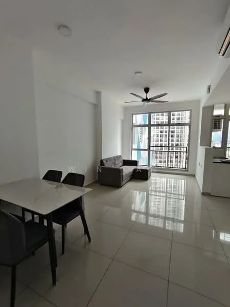 Living features: white painted walls, glossy tile flooring, 5-blade ceiling fan, sofa in grey fabric, dining table with 4 chairs, floor-to-ceiling windows, natural light from windows, open layout; style: modern; view: city.