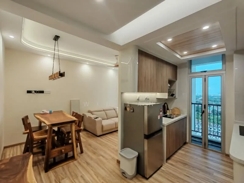 Living features: light wood dining table with four chairs, beige fabric sofa, recessed ceiling lights, wooden ceiling with feature lighting, floor-to-ceiling windows, sliding glass door, laminate flooring, wall-mounted TV, decorative wall panel, open layout to kitchen; style: modern; view: city. Kitchen features: stainless-steel fridge, white cabinetry, grey countertop, built-in oven, four-burner gas hob, single-bowl stainless-steel sink, chrome pull-down faucet, tile backsplash, open shelving; style: modern.