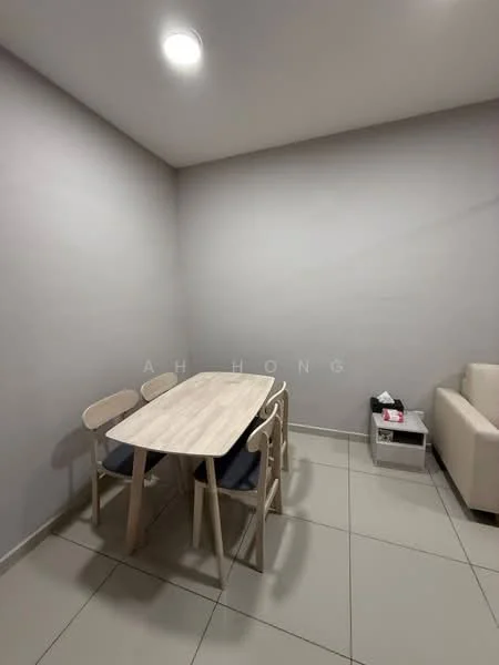 Dining features: light wood dining table, 4 wooden dining chairs, grey painted walls, tile flooring, recessed ceiling lights, small side table, neutral-colored sofa in background; style: modern.