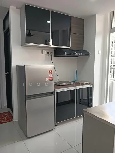 Kitchen features: stainless-steel fridge, built-in oven, stainless-steel range hood, black glass upper cabinets, wooden lower cabinets, white countertop, ceramic tile flooring, single-bowl stainless-steel sink, chrome pull-down faucet, wall-mounted kitchen accessories; style: modern.
