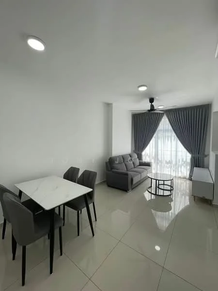 Living features: grey fabric sofa, 4-seater dining table with marble top, grey upholstered dining chairs, black coffee table, white TV console, floor-to-ceiling windows, sheer curtains, recessed LED downlights, wall-mounted ceiling fan, glossy tile flooring, white painted walls; style: modern.