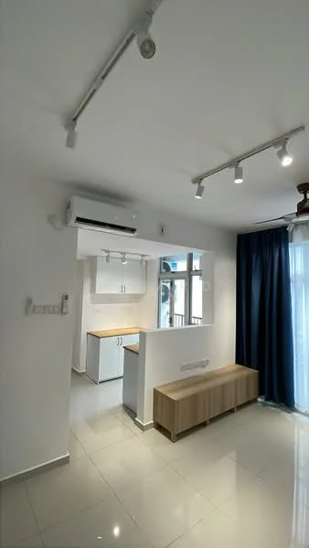 Living features: white painted walls, glossy ceramic tile flooring, recessed LED downlights, 1 wall-mounted split AC, ceiling fan, large window with sheer curtains, wooden bench, open layout to kitchen, kitchen island, neutral color palette; style: modern.