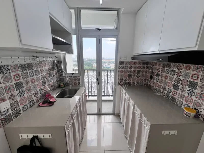 Kitchen features: white cabinetry, grey countertop, stainless-steel sink, chrome pull-down faucet, decorative patterned backsplash, open shelving, floor-to-ceiling window, sliding glass door, tile flooring, hanging hooks for utensils, kitchen island with storage, pantry area; style: modern; view: city.