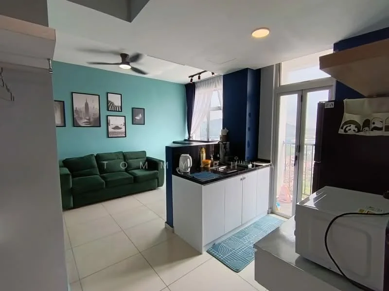 Living features: green fabric sofa, white walls, blue accent wall, ceiling fan, recessed downlights, floor-to-ceiling windows, sliding glass door, tile flooring, decorative wall art, area rug, coffee table, TV console; style: modern; view: city. Kitchen features: white cabinetry, black countertop, stainless-steel sink, chrome pull-down faucet, built-in stove, microwave, open shelving, tile backsplash; style: modern.