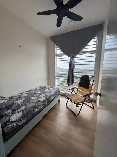 Bedroom features: single bed with patterned bedding, wooden flooring, floor-to-ceiling windows, grey curtains, ceiling fan, folding chair, light-colored walls, decorative wall art; style: modern; view: city.