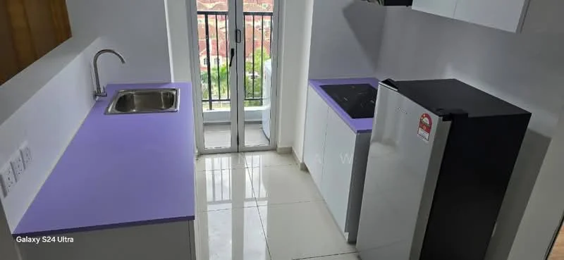 Kitchen features: single-bowl stainless-steel sink, chrome pull-down faucet, purple laminate countertop, white cabinetry, built-in electric cooktop, black refrigerator, white tiled backsplash, floor-to-ceiling windows, tile flooring, natural light from window, open layout, view of greenery; style: modern; view: garden.