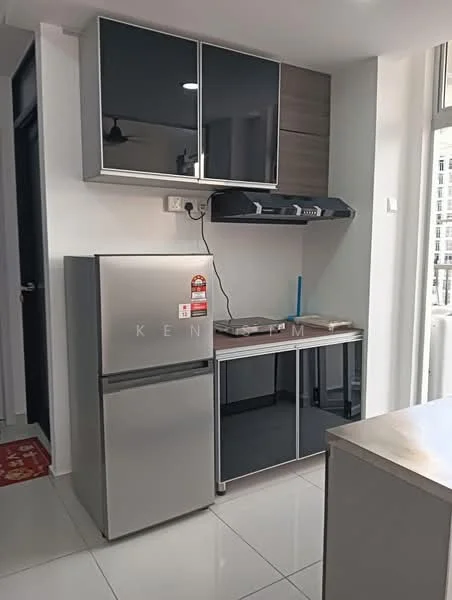 Kitchen features: stainless-steel fridge, built-in oven, 4-burner gas hob, stainless-steel range hood, black glass cabinet doors, grey cabinetry, white tiled backsplash, white glossy tile flooring, single-bowl stainless-steel sink, kitchen countertop with space for appliances; style: modern.
