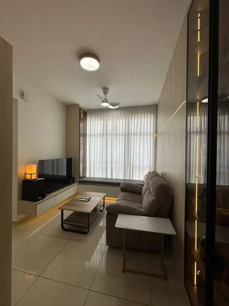 Living features: 3-seater fabric sofa in light grey, coffee table with wooden top, TV console with storage, wall-mounted flat-screen TV, floor-to-ceiling windows with sheer curtains, ceiling fan with light, recessed lighting, light-colored tiled flooring, decorative wall paneling, side table; style: modern.