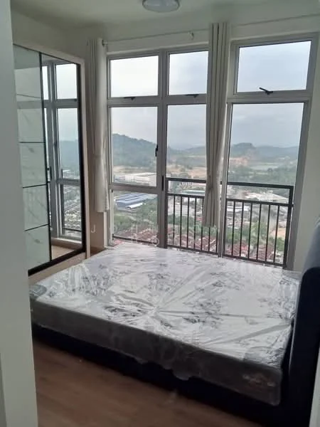 Bedroom features: king-size bed with mattress, floor-to-ceiling windows, curtains, wooden flooring, built-in wardrobe, mountain view, city view, decorative ceiling light; style: modern; view: mountain.