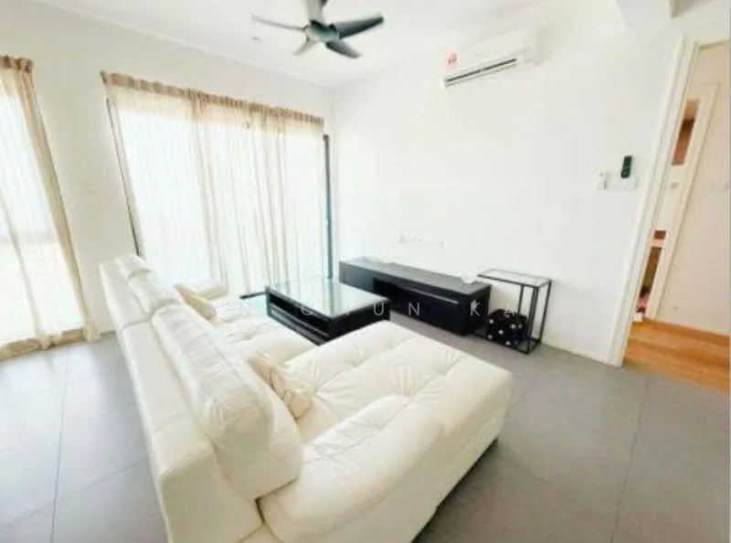 Living features: 3-seater fabric sofa in white, coffee table, wall-mounted TV console, floor-to-ceiling windows, sheer curtains, recessed downlights, 1 wall-mounted split AC, light wood flooring, decorative wall panel, ceiling fan; style: modern; view: city.