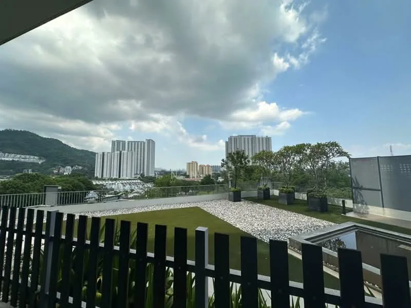 Exterior type: landscape garden; features: manicured lawn, gravel pathway, low-maintenance landscaping, surrounding greenery, city skyline view, modern fencing, water feature, mountain view, paved patio area; style: modern.