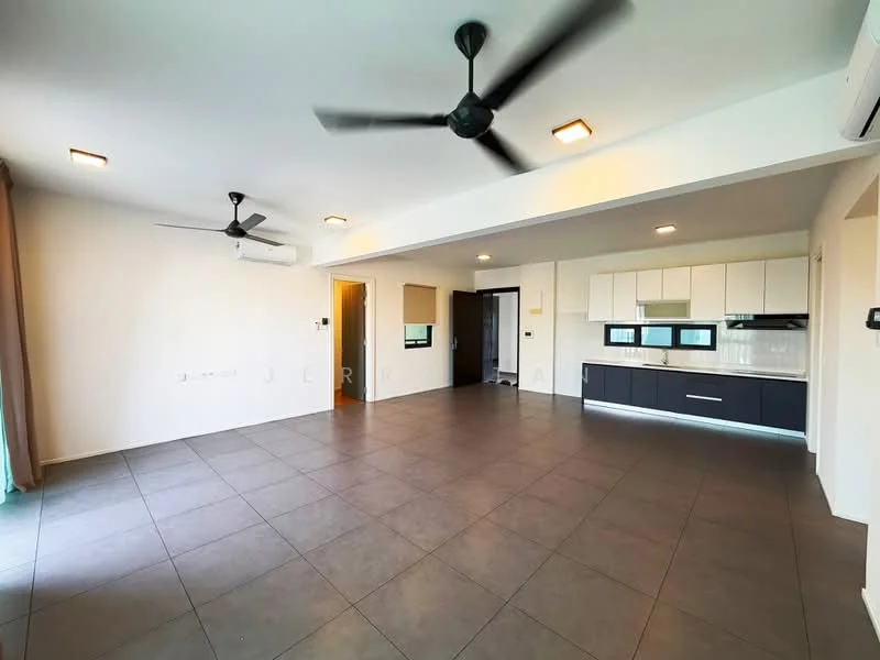 Living features: grey tiled flooring, white painted walls, recessed downlights, 2 ceiling fans, floor-to-ceiling windows, open kitchen layout, black cabinetry, white countertops, built-in oven, stainless-steel fridge, kitchen island, sliding glass door leading to outdoor space; style: modern.