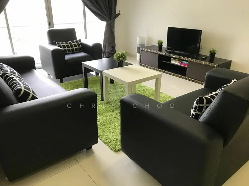 Living features: black leather sofas, 2-seater sofa, armchairs, coffee table, TV console, wall-mounted TV, green area rug, decorative plant, curtains, floor-to-ceiling windows; style: modern.
