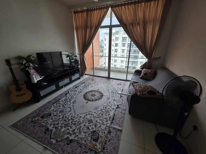 Living features: grey fabric sofa, 3-seater sofa, black TV console, wall-mounted TV, area rug with intricate pattern, floor-to-ceiling windows, sheer curtains, balcony access, decorative houseplants, guitar, ceiling fan; style: modern; view: city.
