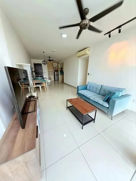 Living features: light grey tiled flooring, white painted walls, 5-blade ceiling fan with light, recessed downlights, sofa in light blue, wood coffee table, TV console, wall-mounted TV, dining table with chairs in background, open layout to kitchen, air conditioning unit, large windows for natural light; style: modern.
