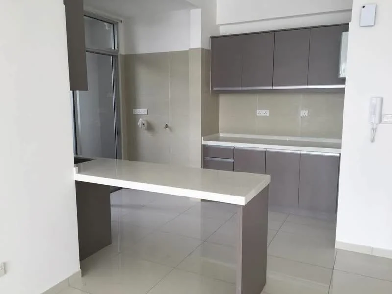 Kitchen features: white quartz countertop, grey flat-panel cabinets, stainless-steel sink, chrome pull-down faucet, built-in oven, ceramic tile flooring, white walls, recessed downlights, floor-to-ceiling windows, open layout, kitchen island; style: modern.