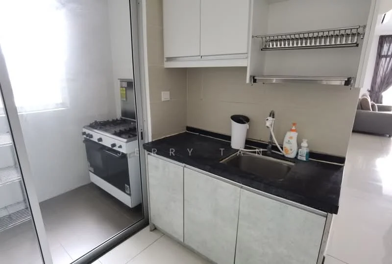 Kitchen features: single-bowl stainless-steel sink, chrome pull-down faucet, black granite countertop, white cabinetry, built-in gas stove, oven, tile backsplash, refrigerator, window for natural light, open shelving; style: modern.