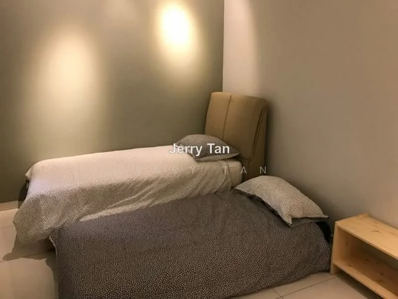 Bedroom features: two single beds, upholstered headboard, bedding with polka dot pattern, light grey wall, cream tiled flooring, wooden bedside table, soft lighting, minimalist decor; style: modern.