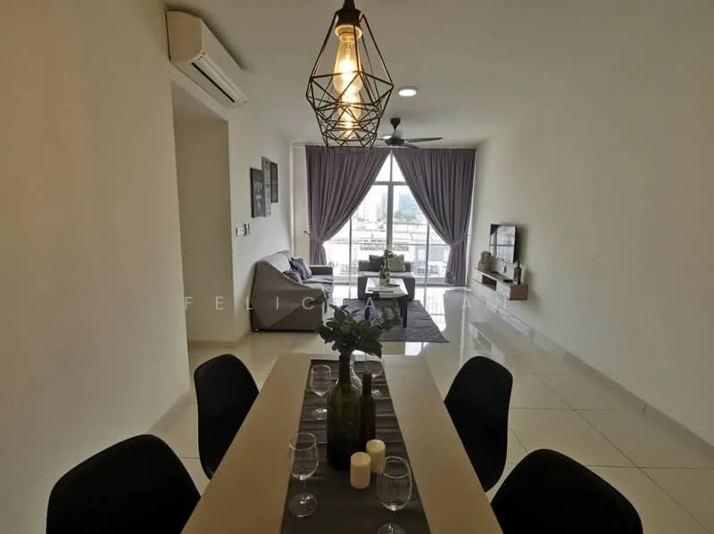 Dining features: 6-seater dining table, black dining chairs, table runner, decorative vase, candles, white walls, recessed downlights, large window with sheer curtains, floor-to-ceiling windows, sliding glass door, grey sofa, TV console, wall-mounted TV, ceiling fan; style: modern; view: city.