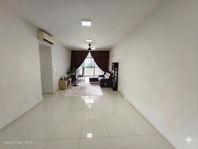 Living features: white painted walls, glossy tile flooring, 5-blade ceiling fan with light, floor-to-ceiling windows, sliding glass door, dark brown curtains, sofa, coffee table, TV console, decorative rug; style: modern; view: garden.