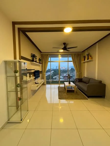 Living features: grey fabric sofa, coffee table, area rug, wall-mounted TV, white TV console, glass display cabinet, ceiling fan with light, floor-to-ceiling windows, city view, decorative plants on shelves, white painted walls, recessed lighting; style: modern; view: city.