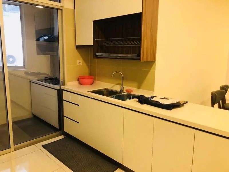 Kitchen features: white cabinetry with wood accents, quartz countertop, single-bowl stainless-steel sink, chrome pull-down faucet, built-in gas hob, sliding glass door, tile backsplash, white tiled flooring, open shelving, kitchen island, recessed downlights; style: modern.