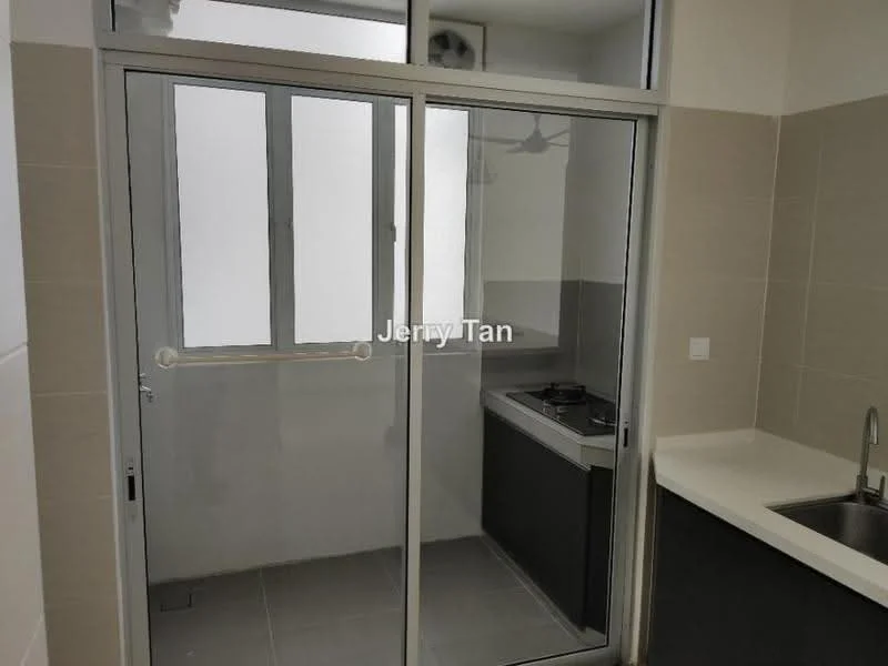 Kitchen features: glass sliding door, grey cabinetry, white countertop, single-bowl stainless-steel sink, chrome pull-down faucet, gas hob, tile flooring, wall-mounted ventilation, window with multiple panes; style: modern.