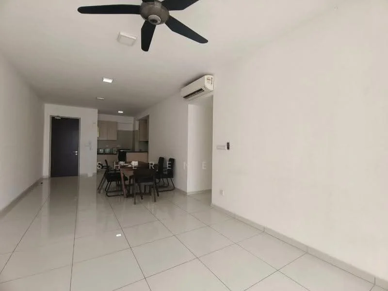 Living features: white painted walls, glossy ceramic tile flooring, 5-blade ceiling fan, wall-mounted air conditioning unit, dining table with chairs, open layout, recessed ceiling lights; style: modern. Room features: white painted walls, glossy ceramic tile flooring, open layout, recessed ceiling lights.