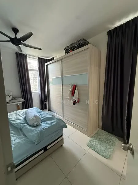 Bedroom features: queen-size bed with light blue bedding, built-in wardrobe with sliding doors, dark grey curtains, ceiling fan, white tiled flooring, decorative rug, small bedside table, window with natural light; style: modern.