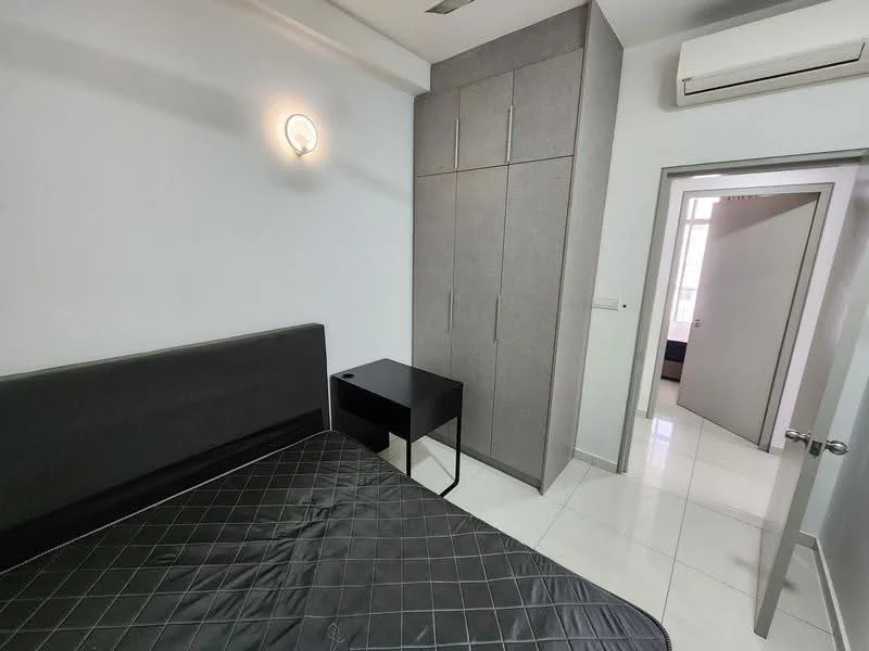 Bedroom features: queen-size bed, black upholstered headboard, grey built-in wardrobe, white painted walls, white ceiling, recessed downlight, wall-mounted sconce, white tiled flooring, air conditioning unit, black bedside table; style: modern.