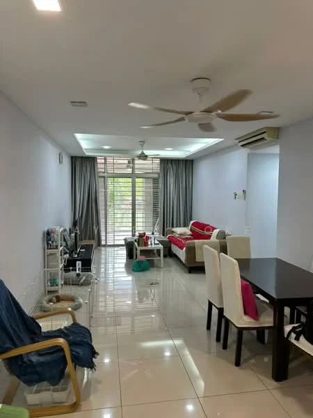 Living features: white painted walls, glossy tile flooring, 5-blade ceiling fan with light, sofa in beige, red throw pillows, coffee table, TV console, wall-mounted TV, dining table with white upholstered chairs, curtains in grey, sliding glass door, natural light from windows; style: modern; view: garden.