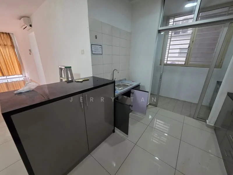 Kitchen features: grey cabinetry, black countertop, single-bowl stainless-steel sink, chrome pull-down faucet, ceramic tile flooring, white tiled walls, window with metal grille, recessed downlights, open layout, built-in kitchen appliances; style: modern.