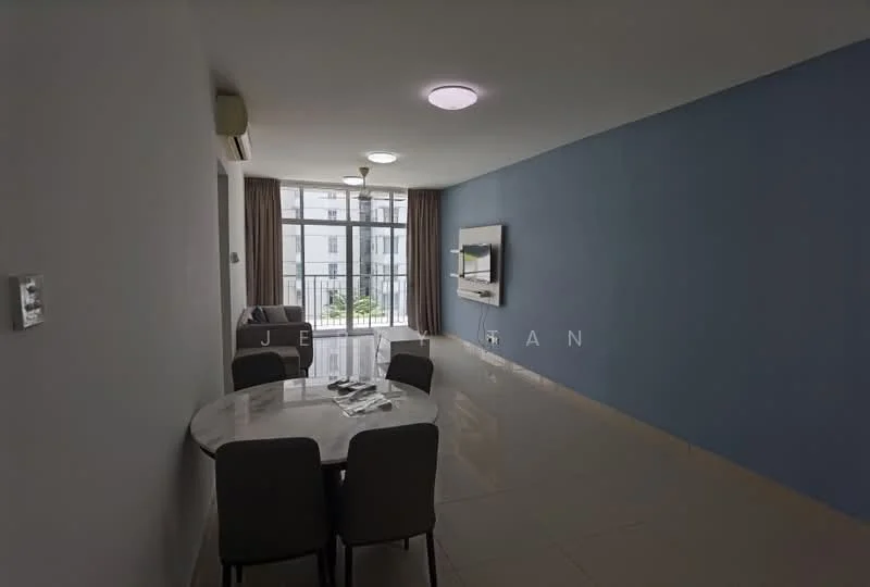 Living features: light grey painted walls, blue accent wall, floor-to-ceiling windows, sliding glass door, ceramic tile flooring, recessed downlights, wall-mounted TV, round dining table, 4 upholstered dining chairs, air conditioning unit; style: modern; view: garden.