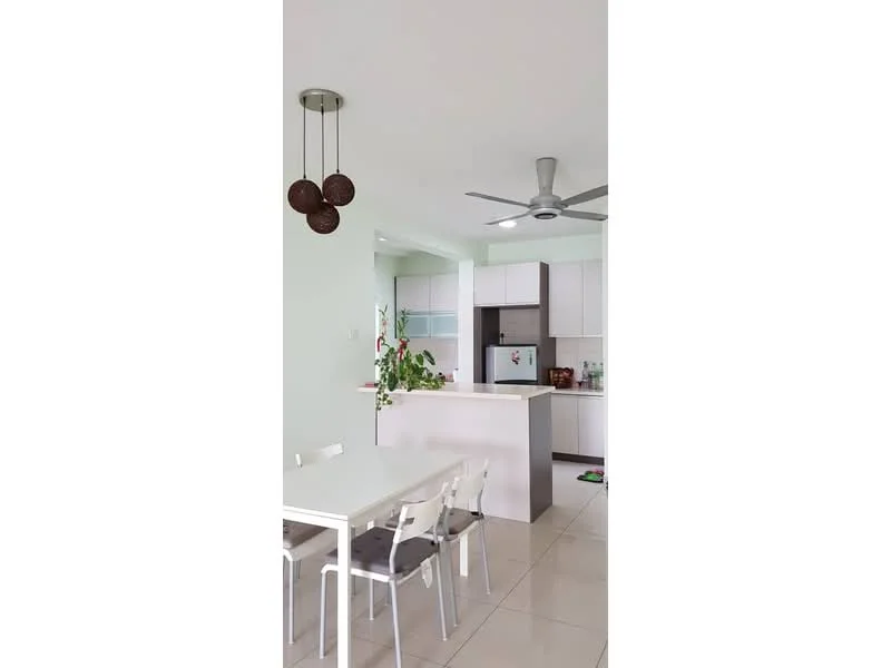 Kitchen features: white cabinetry, grey countertop, stainless-steel fridge, built-in oven, 4-burner gas hob, pendant light fixture, 5-blade ceiling fan, ceramic tile flooring, open-plan layout with dining area, greenery from potted plants; style: modern. Dining features: white dining table, 4 white dining chairs; style: modern.