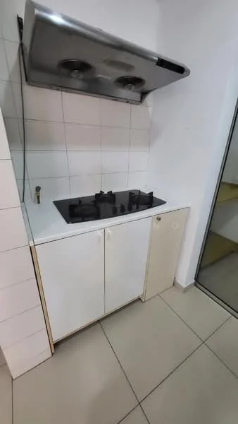 Kitchen features: white cabinetry, black gas hob with 4 burners, stainless-steel range hood, white tiled backsplash, white countertops, ceramic tile flooring, built-in storage cabinet, glass door leading to another space; style: modern.