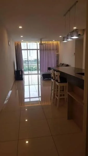 Living features: glossy tile flooring, white painted walls, recessed downlights, floor-to-ceiling windows, sliding glass door, sheer curtains, kitchen island with seating, bar stools, sofa, coffee table; style: modern; view: garden.