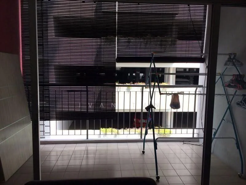 Balcony features: sliding glass door, blackout roller blinds, tile flooring, metal railing, clothes drying rack, view of adjacent building, planter box with greenery; view: courtyard.