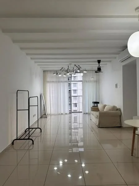 Living features: white painted walls, polished ceramic tile flooring, exposed beams ceiling, 5-blade ceiling fan with light, recessed LED downlights, floor-to-ceiling windows, sheer curtains, sofa in beige, round dining table, mirror, open shelving unit, decorative light fixture; style: modern; view: city.